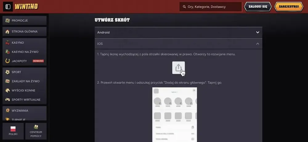 Wintino aplikacja - instrukcja skrótu na telefon