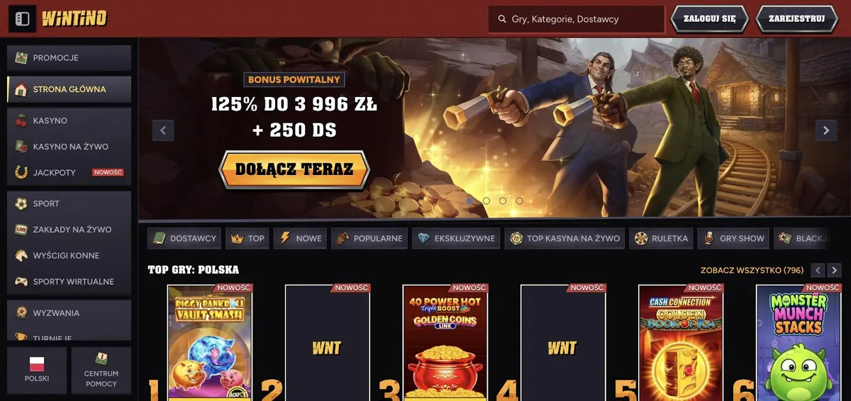 Wintino kasyno - strona główna z bonusem 125%